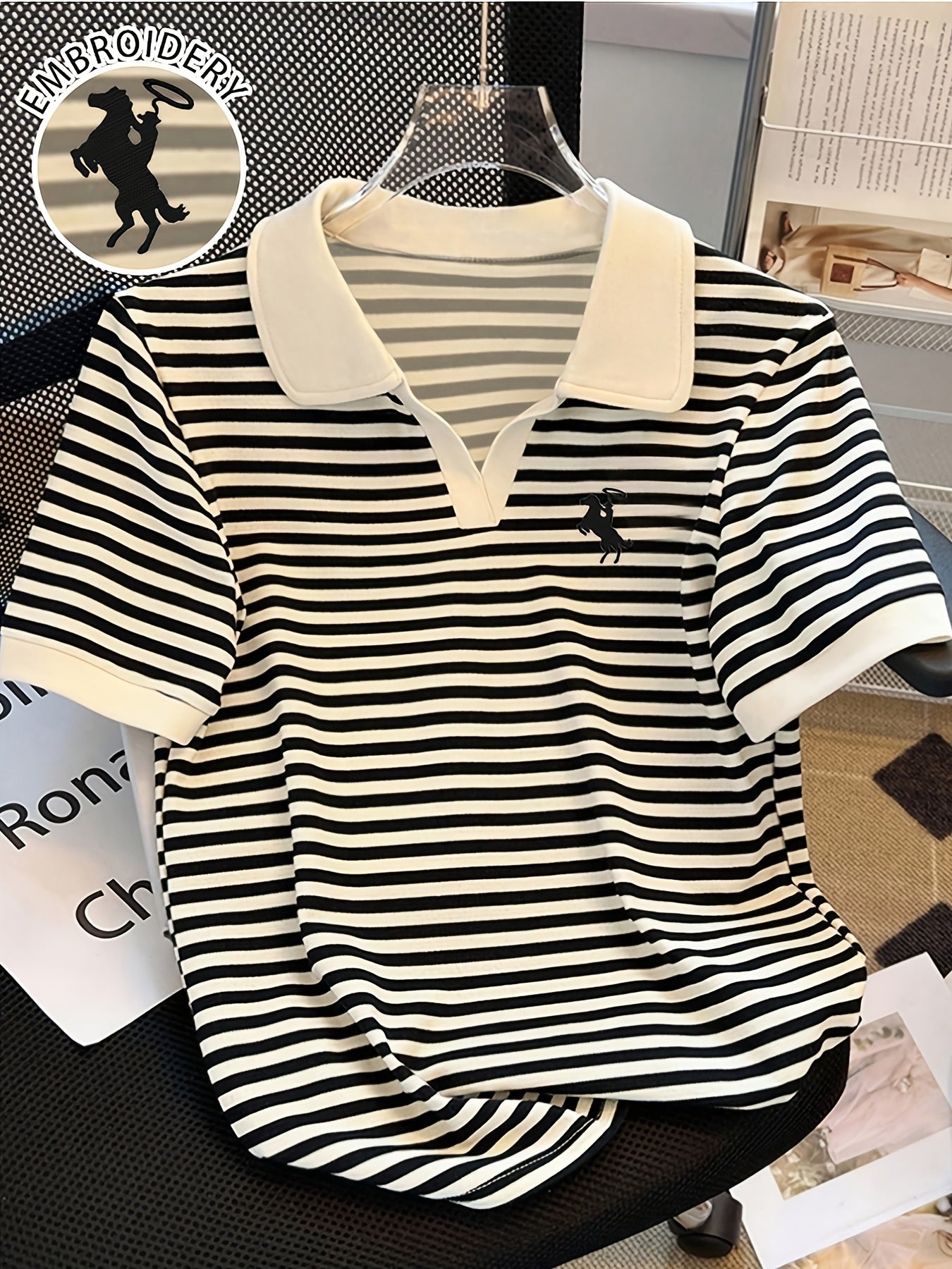 [Stylish Knight Stripe] Stylish Knight Stripe Women's T-Shirt | Embroidered Neck Short Sleeve | Contrast Color Versatile Casual Summer Top, Machine Washable All-Season Comfort Fit
