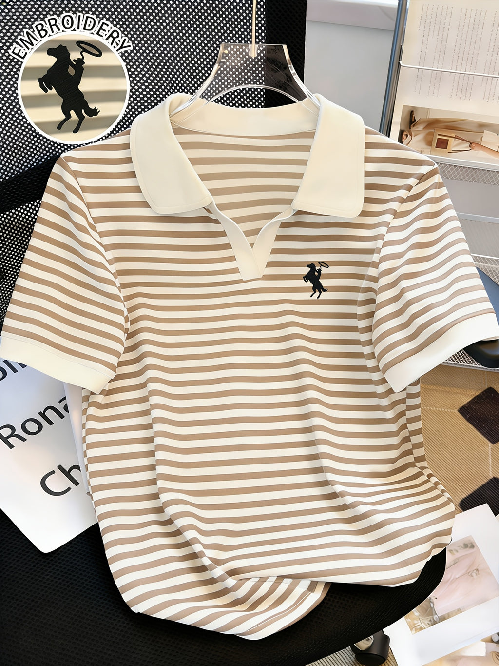 [Stylish Knight Stripe] Stylish Knight Stripe Women's T-Shirt | Embroidered Neck Short Sleeve | Contrast Color Versatile Casual Summer Top, Machine Washable All-Season Comfort Fit