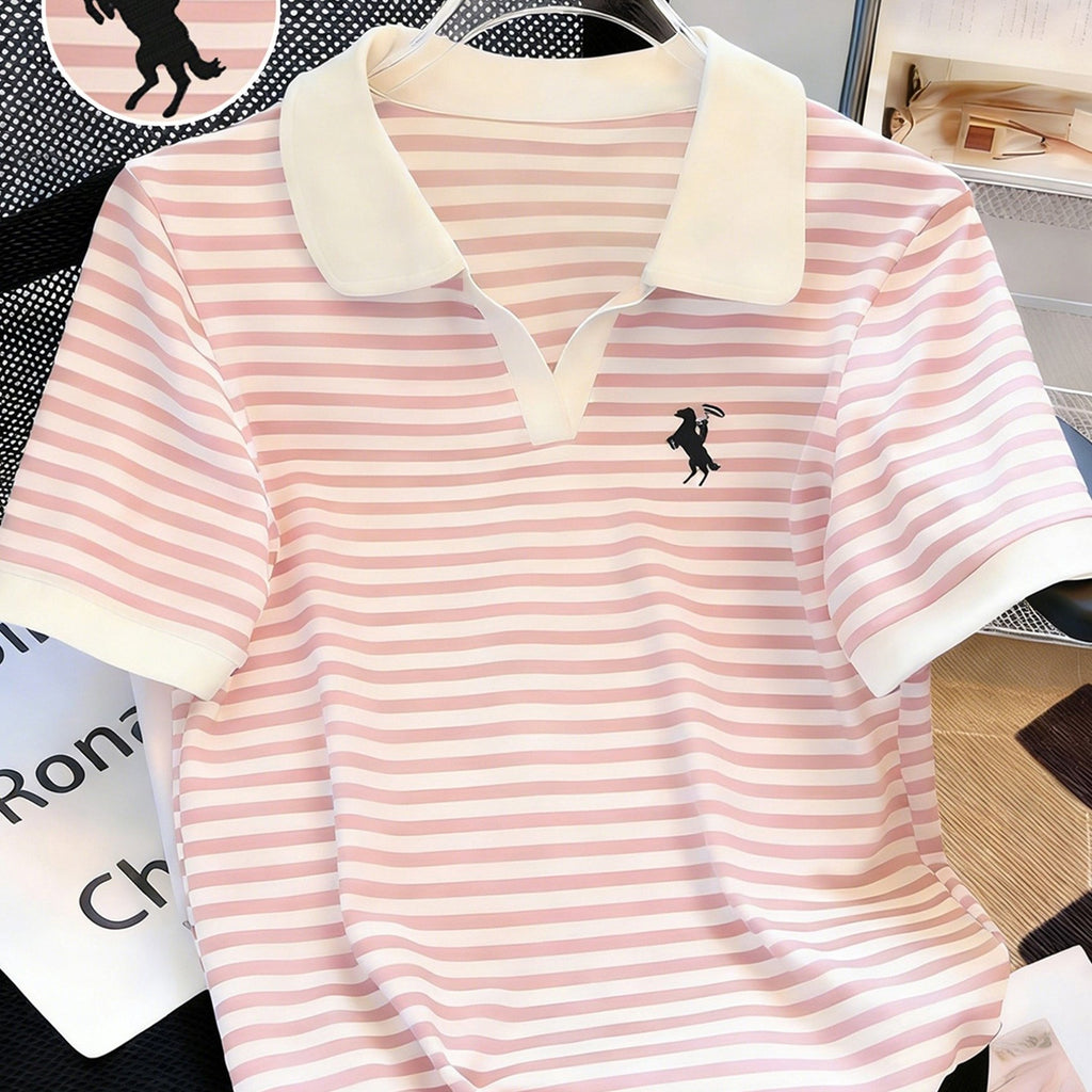 [Stylish Knight Stripe] Stylish Knight Stripe Women's T-Shirt | Embroidered Neck Short Sleeve | Contrast Color Versatile Casual Summer Top, Machine Washable All-Season Comfort Fit
