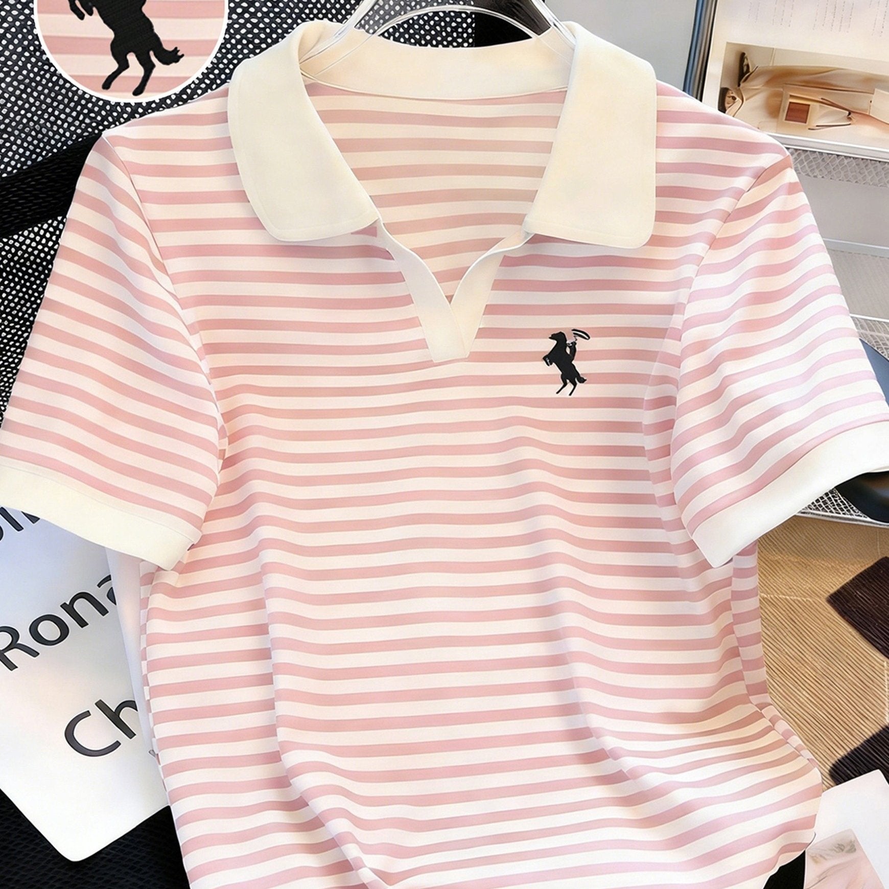 [Stylish Knight Stripe] Stylish Knight Stripe Women's T-Shirt | Embroidered Neck Short Sleeve | Contrast Color Versatile Casual Summer Top, Machine Washable All-Season Comfort Fit