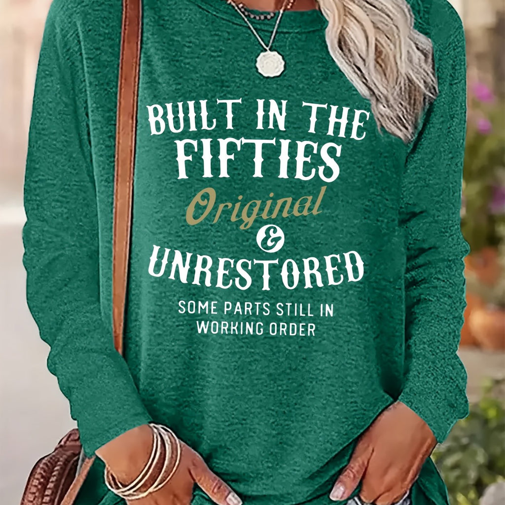 2025 New Women'S Casual Long-Sleeve T-Shirt with "BUILT IN THE FIFTIES" Print, Stretchy And Comfortable Loose-Fitting Round-Neck Top, a Must-Have Shirt for Spring, Autumn, And Winter, Suitable for Daily Home Wear And Outdoor