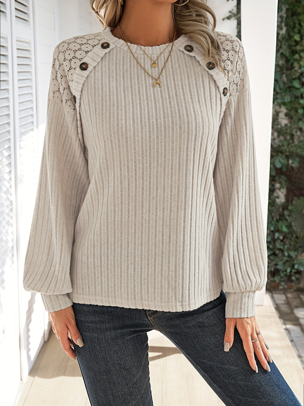 Women'S Clothing Contrast Lace Raglan Sleeve Button Detail Top
