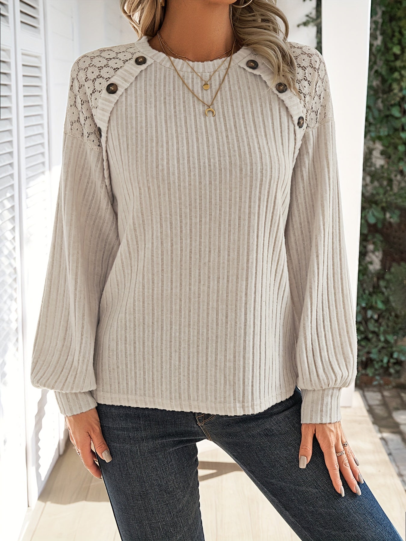 Women'S Clothing Contrast Lace Raglan Sleeve Button Detail Top