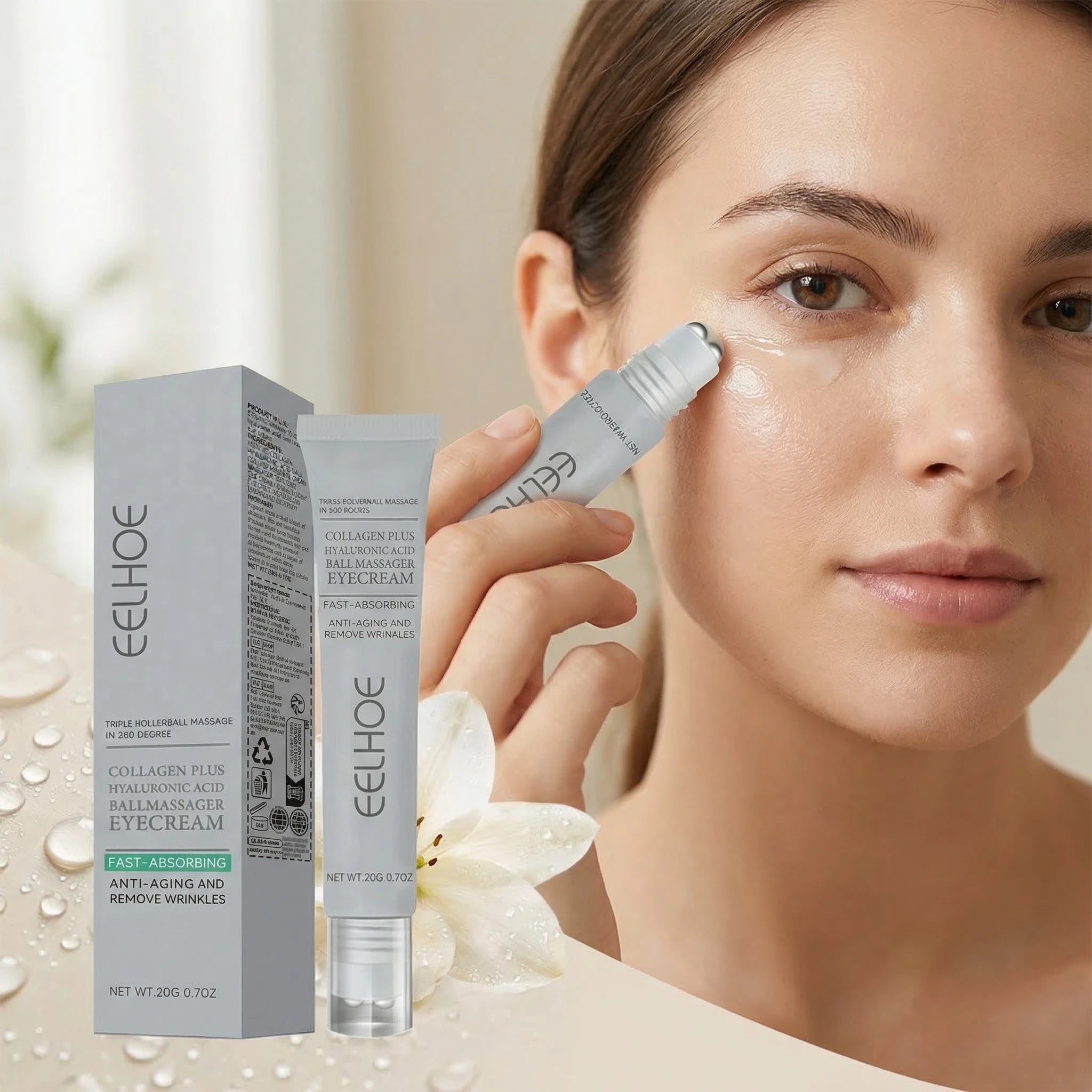 EELHOE 20g Collagen Plus Hyaluronic Acid Ball Massager Eye Cream Anti Aging Firming Eyes Skin Dark Circles Fine lines Reduction