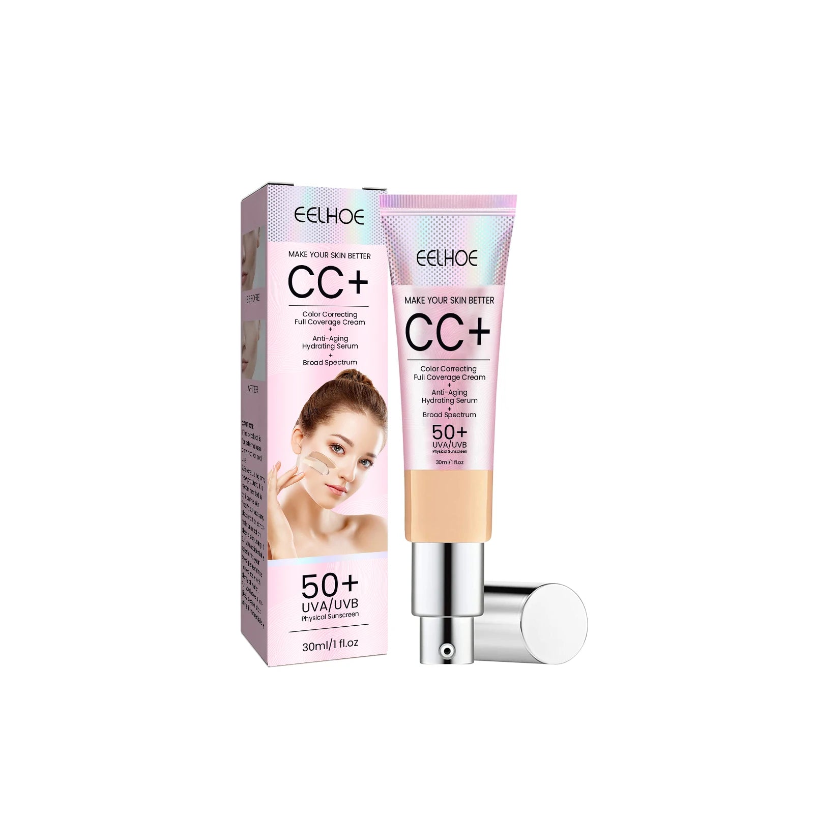 EELHOE Face Sunscreen CC Cream Natural Repair Dull Invisible Pores Waterproof Sweatproof Nourishing Glowing Skin Face CC Cream