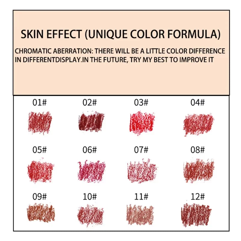 12 color matte lip liner set, lipstick pen in 12 colors, gift set, durable lip makeup