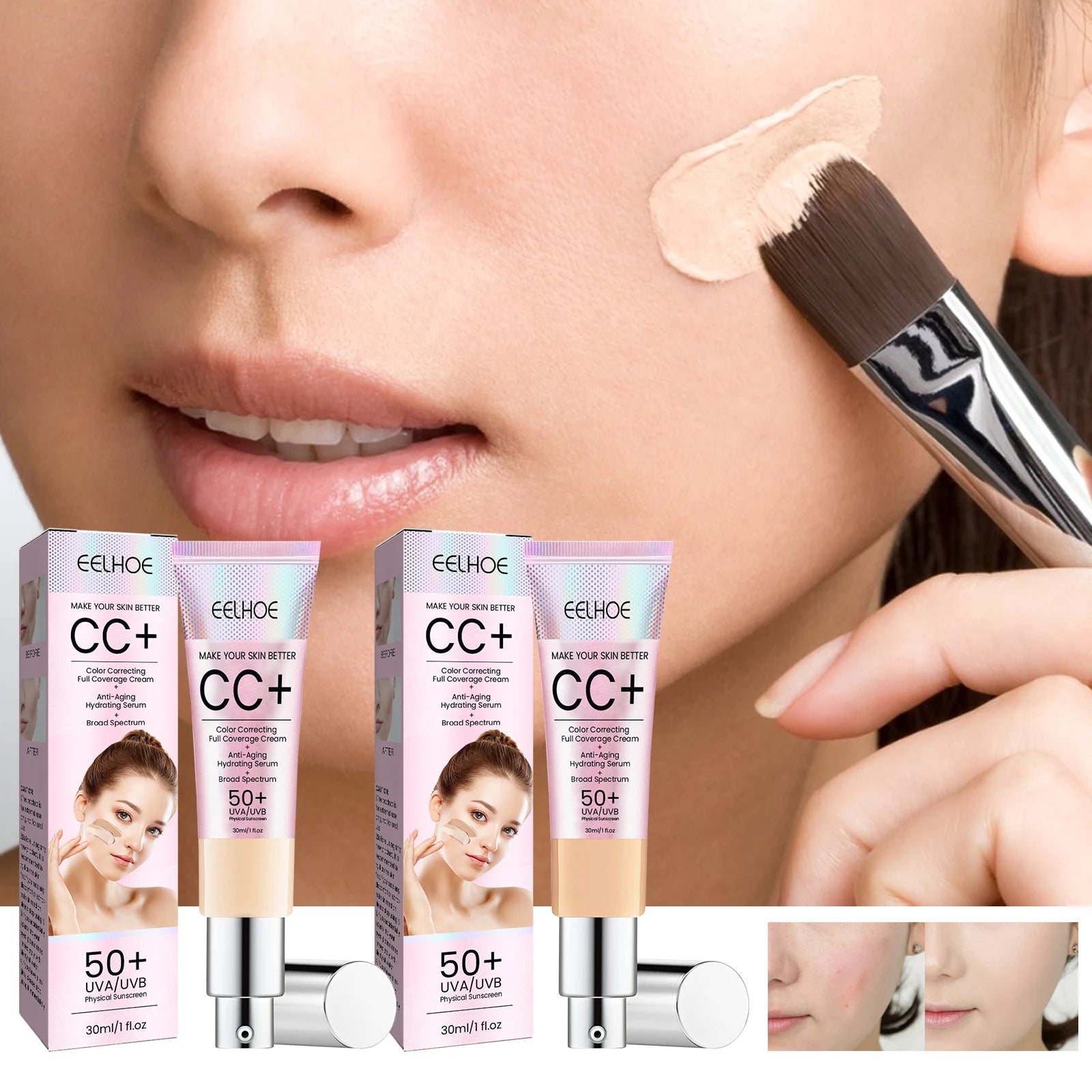 EELHOE Face Sunscreen CC Cream Natural Repair Dull Invisible Pores Waterproof Sweatproof Nourishing Glowing Skin Face CC Cream