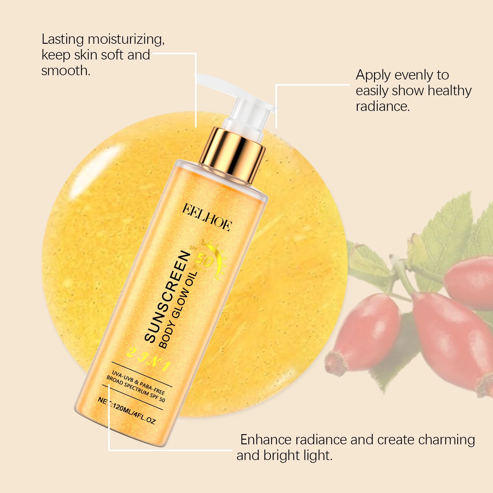 EELHOE Sunscreen Body Glow Oil Deep Nourish Moisturizing Skin Brightening Products Full Body Cleaning Bath Essential Oil