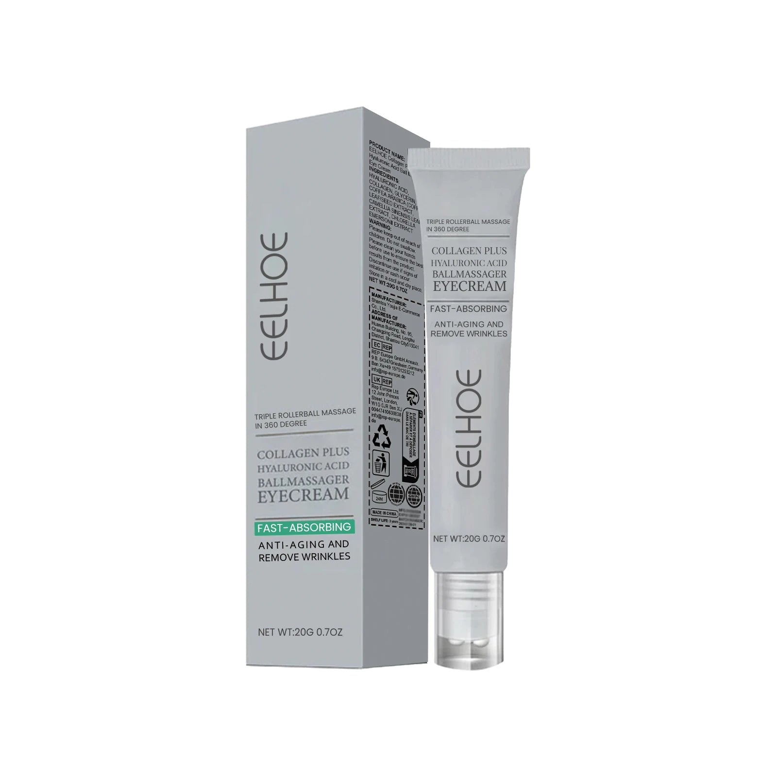 EELHOE 20g Collagen Plus Hyaluronic Acid Ball Massager Eye Cream Anti Aging Firming Eyes Skin Dark Circles Fine lines Reduction