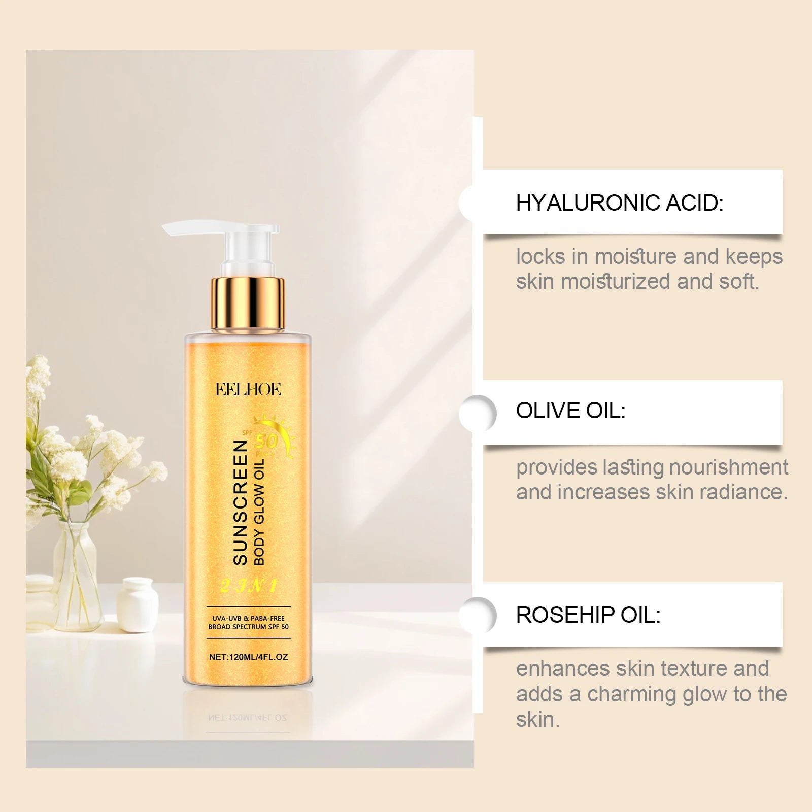 EELHOE Sunscreen Body Glow Oil Deep Nourish Moisturizing Skin Brightening Products Full Body Cleaning Bath Essential Oil