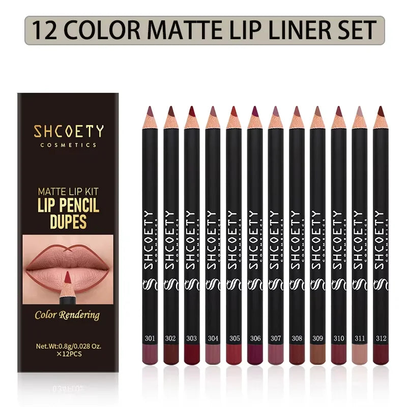 12 color matte lip liner set, lipstick pen in 12 colors, gift set, durable lip makeup