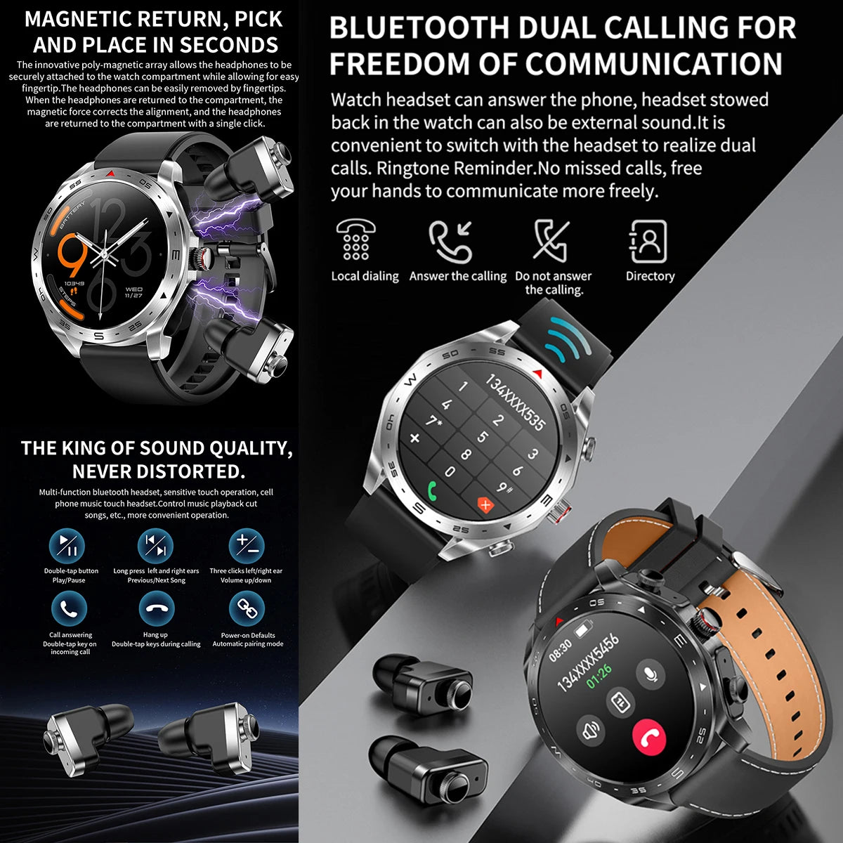 Newest Model 1.52 Inch Smart Watch ETF95 TWS 2 In1 Headphones Two in One Zinc Alloy Smart Fitness Bracelet Headset IPS
