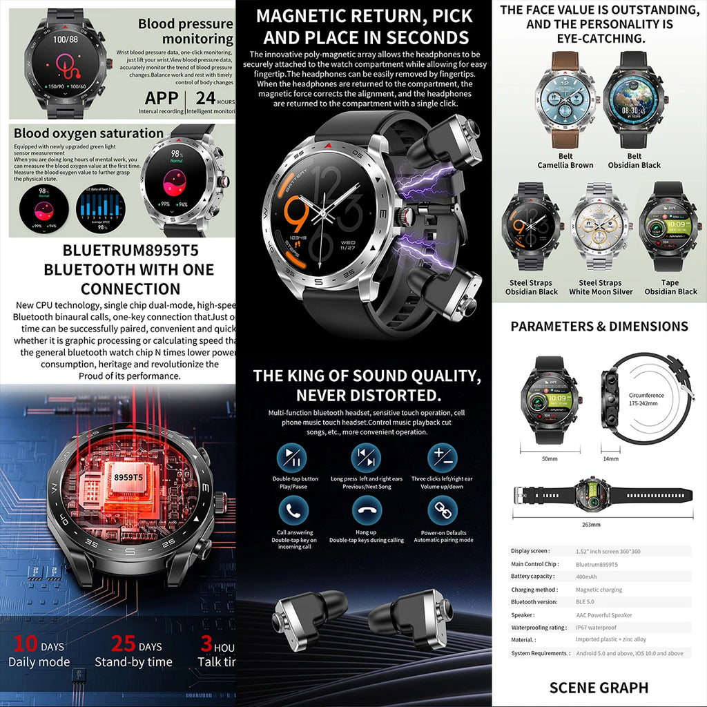 Newest Model 1.52 Inch Smart Watch ETF95 TWS 2 In1 Headphones Two in One Zinc Alloy Smart Fitness Bracelet Headset IPS