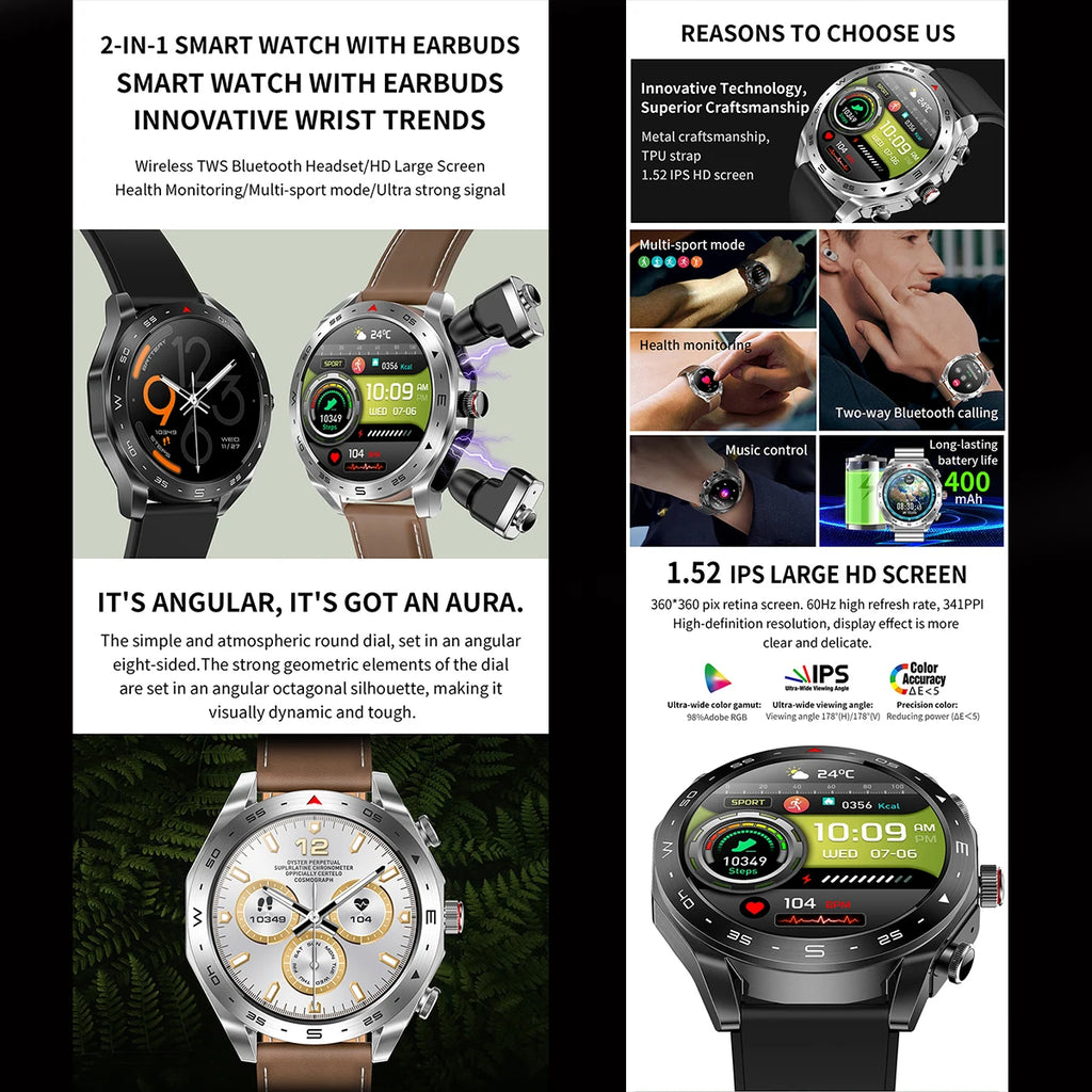 Newest Model 1.52 Inch Smart Watch ETF95 TWS 2 In1 Headphones Two in One Zinc Alloy Smart Fitness Bracelet Headset IPS