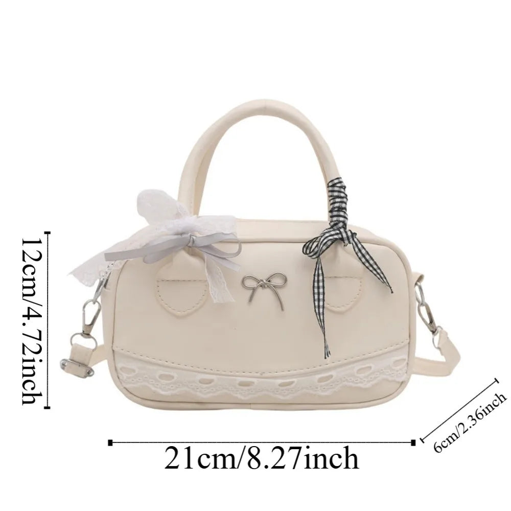 Zipper PU Leather Boston Handbag Lace Ribbon Bow Crossbody Bowling Bag Korean Style Waterproof Small Square Bag Travel