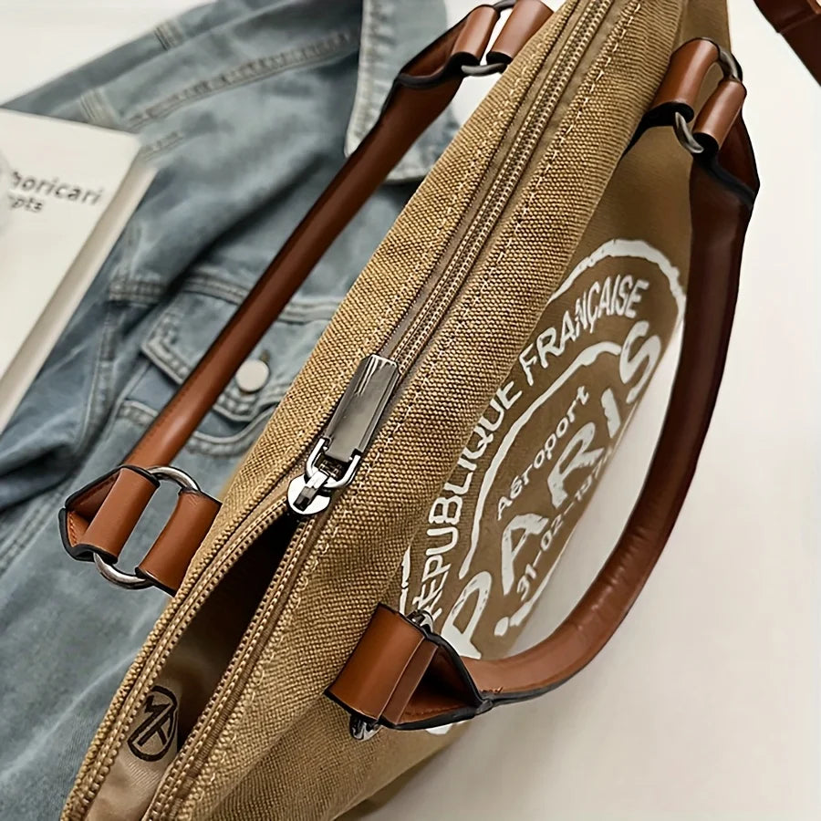 2-piece Set Vintage Street-style Canvas Tote Bag, Coin Purse, Vintage Letter-printed Crossbody Bag. Unisex – Large-capacity