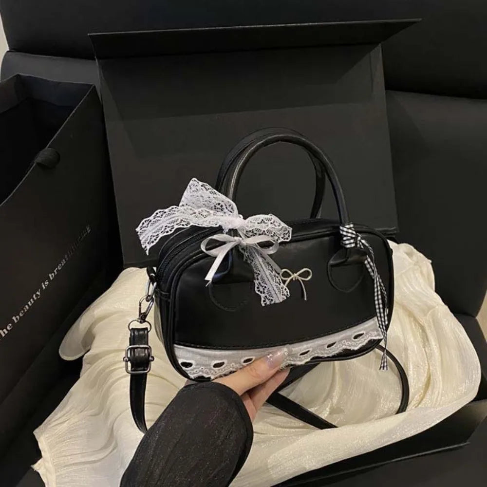 Zipper PU Leather Boston Handbag Lace Ribbon Bow Crossbody Bowling Bag Korean Style Waterproof Small Square Bag Travel