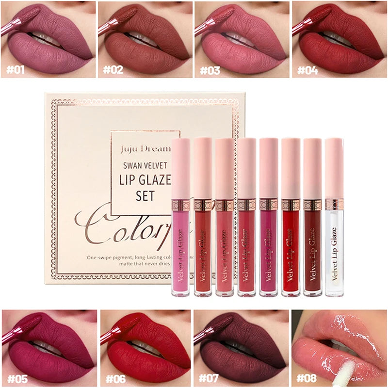 8 pcs matte liquid lipstick, lip glaze - waterproof, non-stick, long-lasting lip gloss, brown, pink, purple and red tones