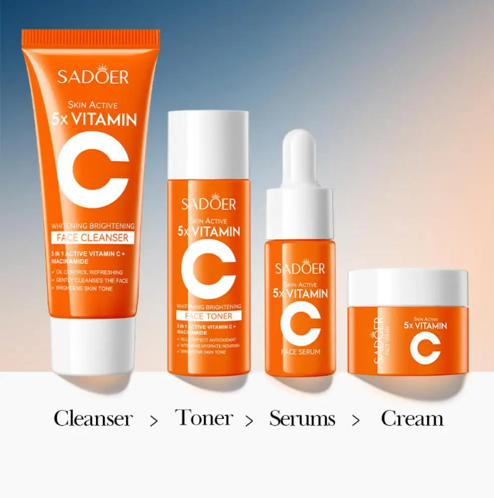 Vitamin C Whitening Skin Care Set 4pcs Facial Cleanser Toner Serum Face Cream Brightening Anti Wrinkle Moisturizing Travel Kit