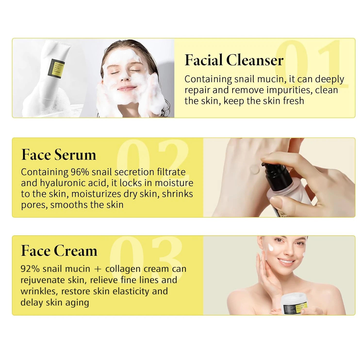 Snail Mucin 96 Essence + Snail 92 Moisturizing Cream + Deep Cleansing Facial Cleanser Whitening Three-piece Skin Care Set Korea