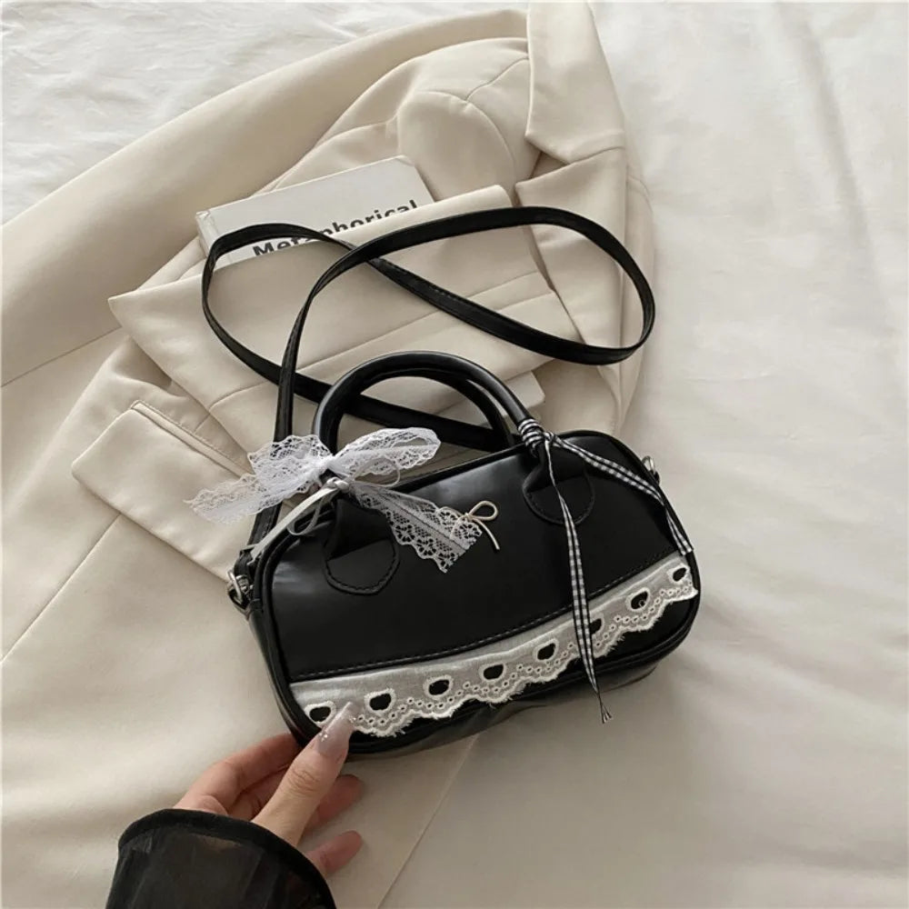 Zipper PU Leather Boston Handbag Lace Ribbon Bow Crossbody Bowling Bag Korean Style Waterproof Small Square Bag Travel