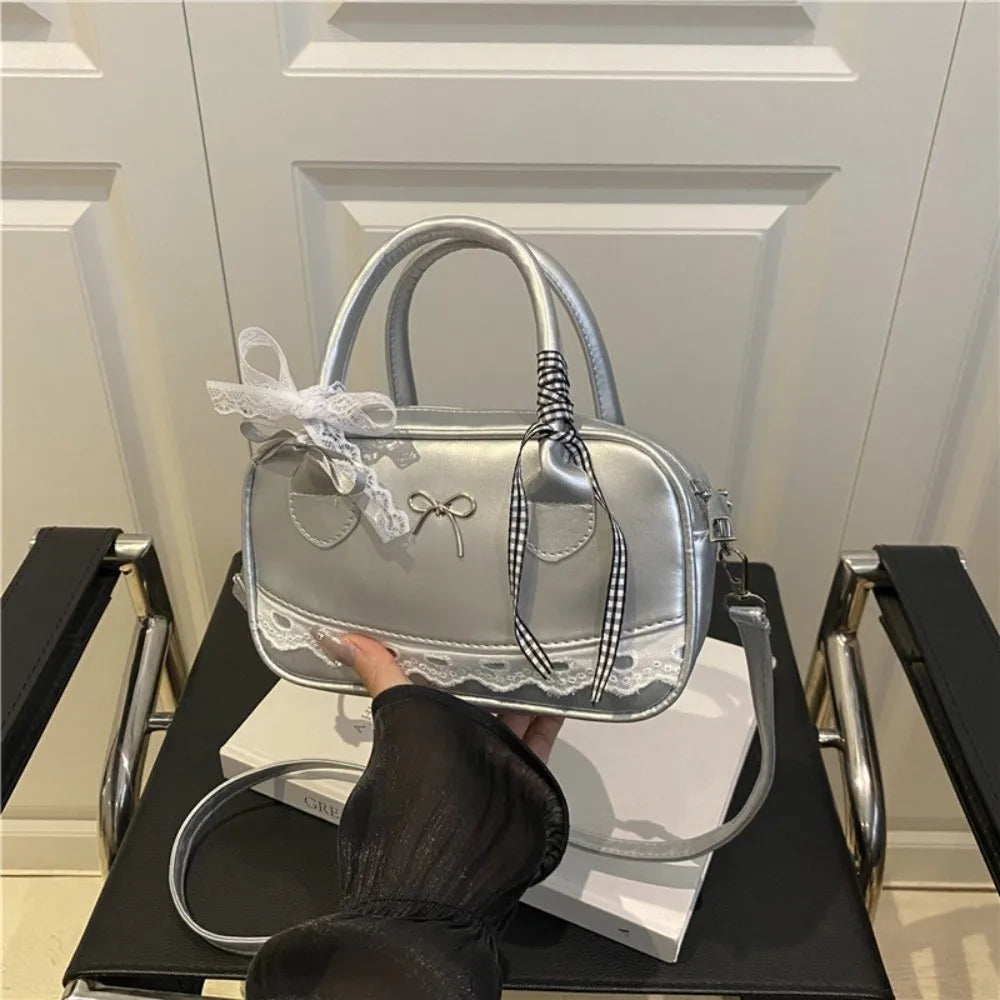 Zipper PU Leather Boston Handbag Lace Ribbon Bow Crossbody Bowling Bag Korean Style Waterproof Small Square Bag Travel