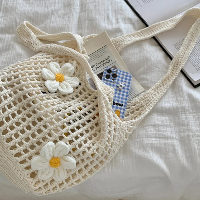Women’s knitted single-shoulder bag, large capacity, summer beach bag,lightweight casual handbag,fashionable single-shoulder bag