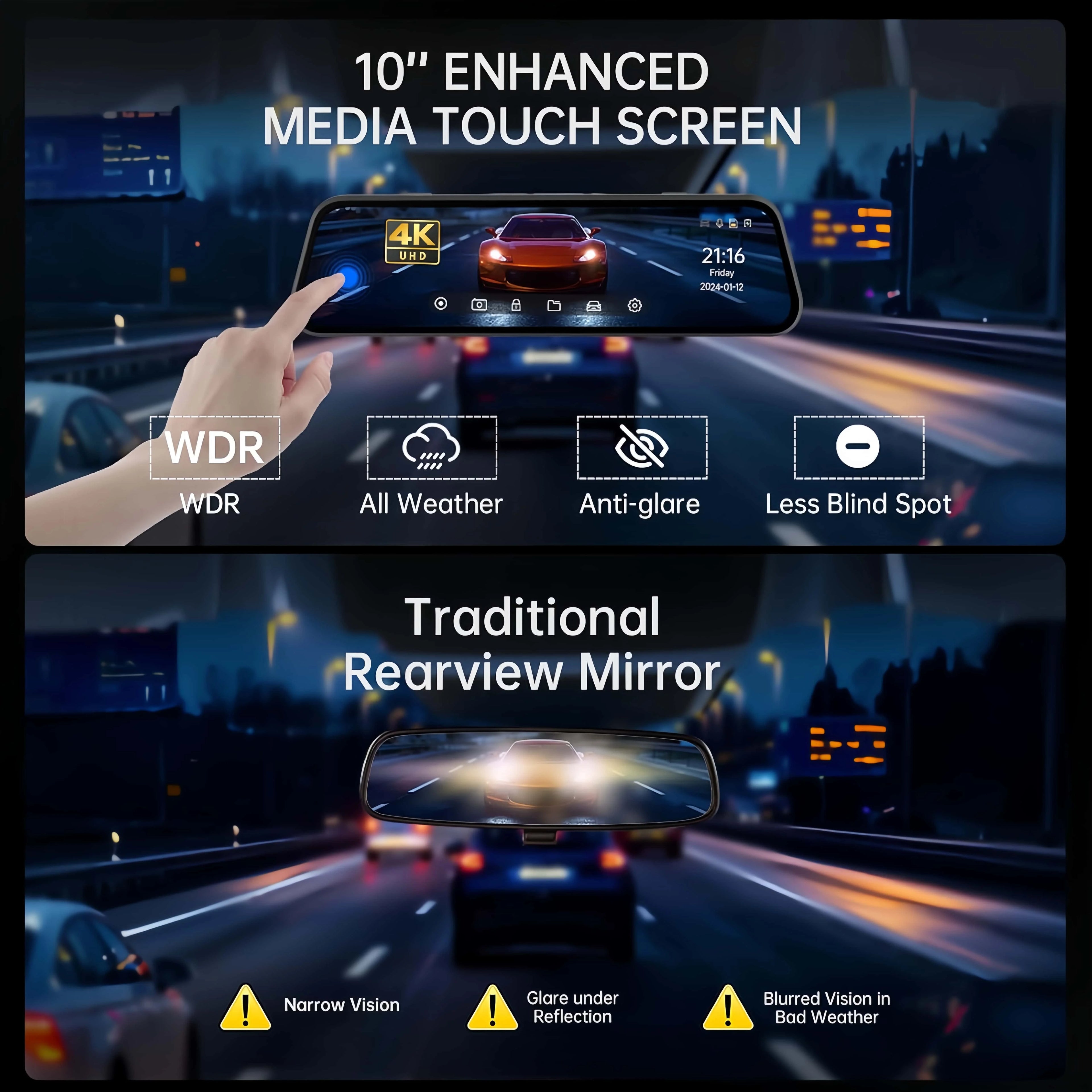 9.66" UHD 4K 2160P Car Dvr Mirror Dash Cam Dual Lens Dashcam IPS Screen Camera Drive Recorder Stream RearView Mirror 32G Card
