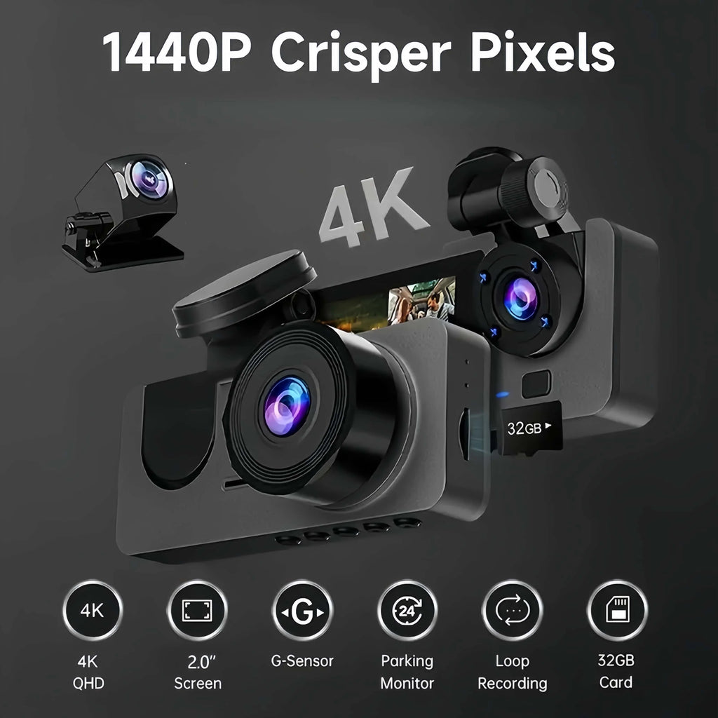 3 Channel 4K Dashcam 4K+1080P Front and Rear Dash Camera IR Night Vision 24 Hours Parking Mode Support 128GB Max