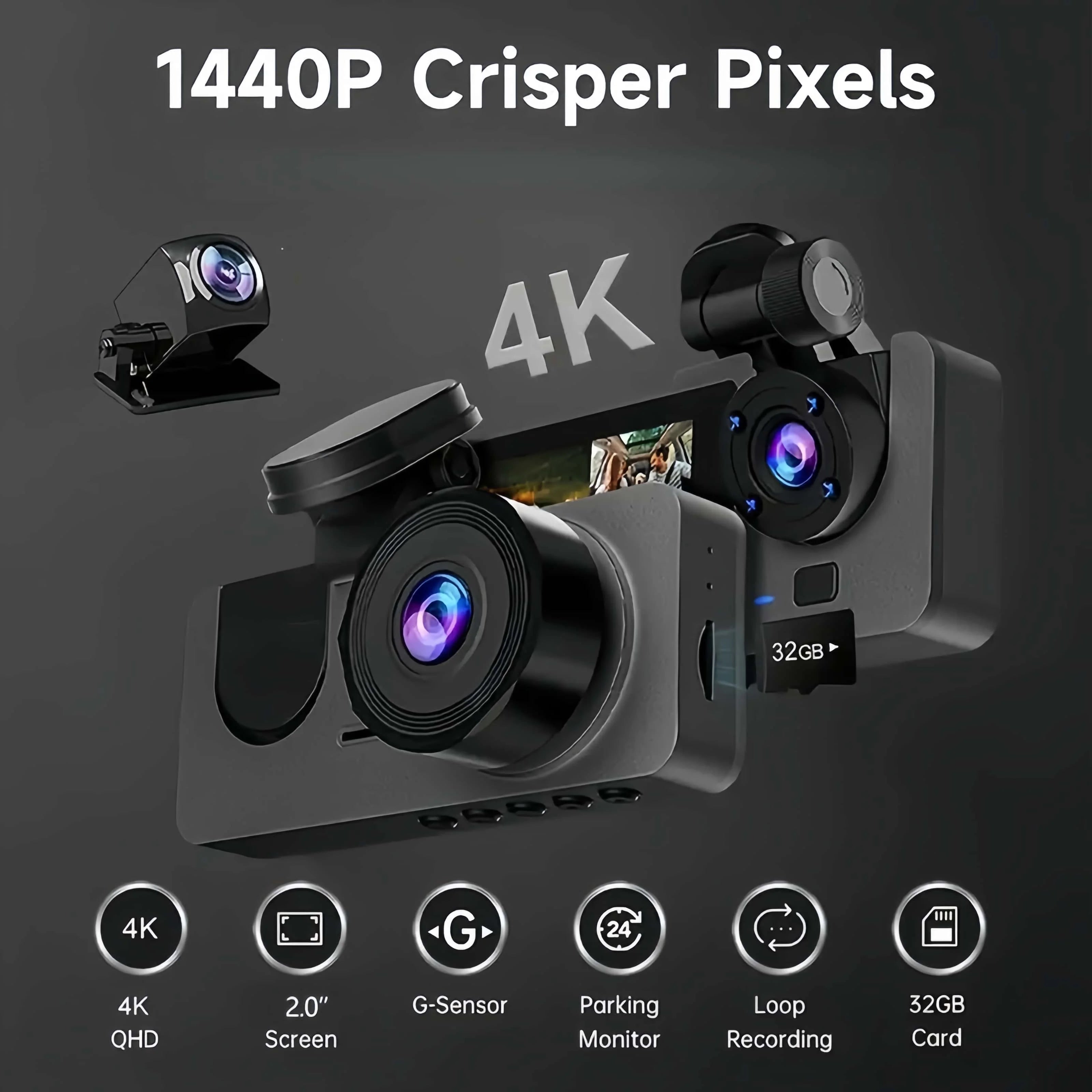 3 Channel 4K Dashcam 4K+1080P Front and Rear Dash Camera IR Night Vision 24 Hours Parking Mode Support 128GB Max