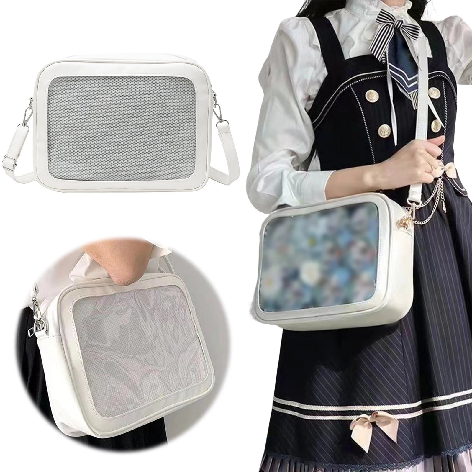Women Transparent Square Ita Bag W/ Pin Display JK Shoulder Bag Cartoon Handbag