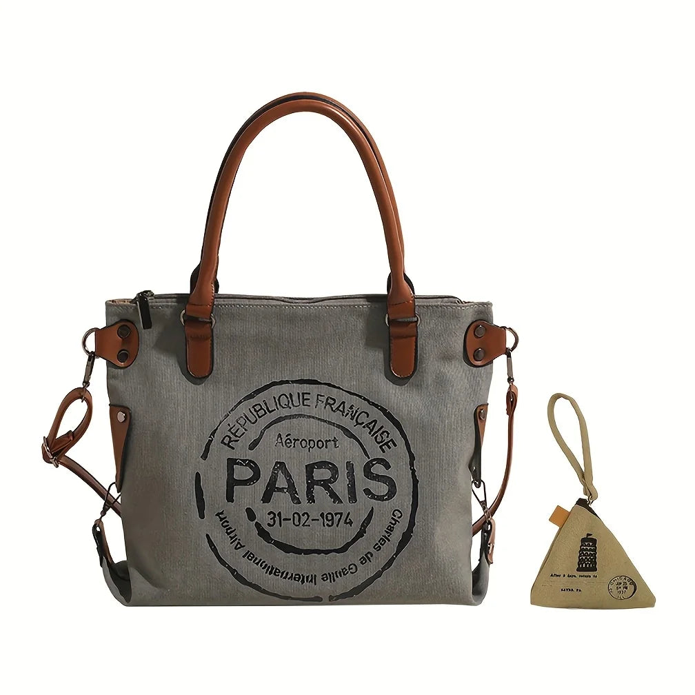 2-piece Set Vintage Street-style Canvas Tote Bag, Coin Purse, Vintage Letter-printed Crossbody Bag. Unisex – Large-capacity