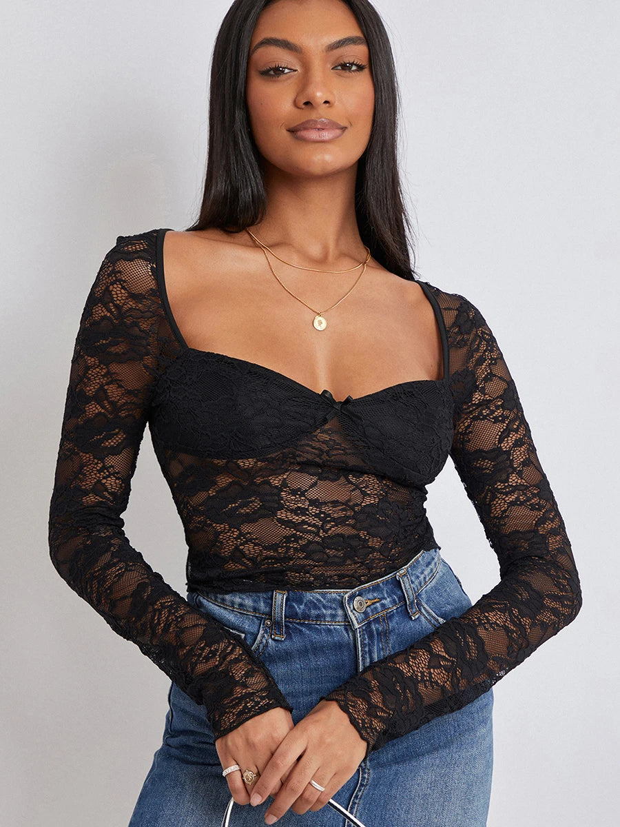 Women Crop Floral Lace Tops Long Sleeve Shirt Casual Pullovers for Club Streetwear Aesthetic Grunge Clothes