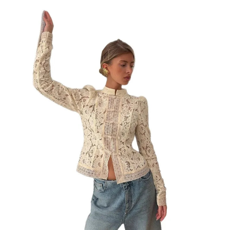 Elegant Embroidery Puff Sleeve White Shirts Summer Sexy Hollow Out Lace Blouse Casual Sand Collar Top 2025 Vintage Shirts