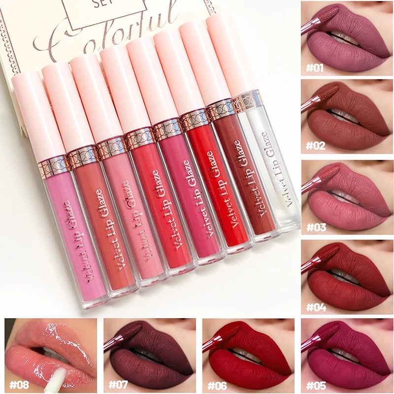 8 pcs matte liquid lipstick, lip glaze - waterproof, non-stick, long-lasting lip gloss, brown, pink, purple and red tones