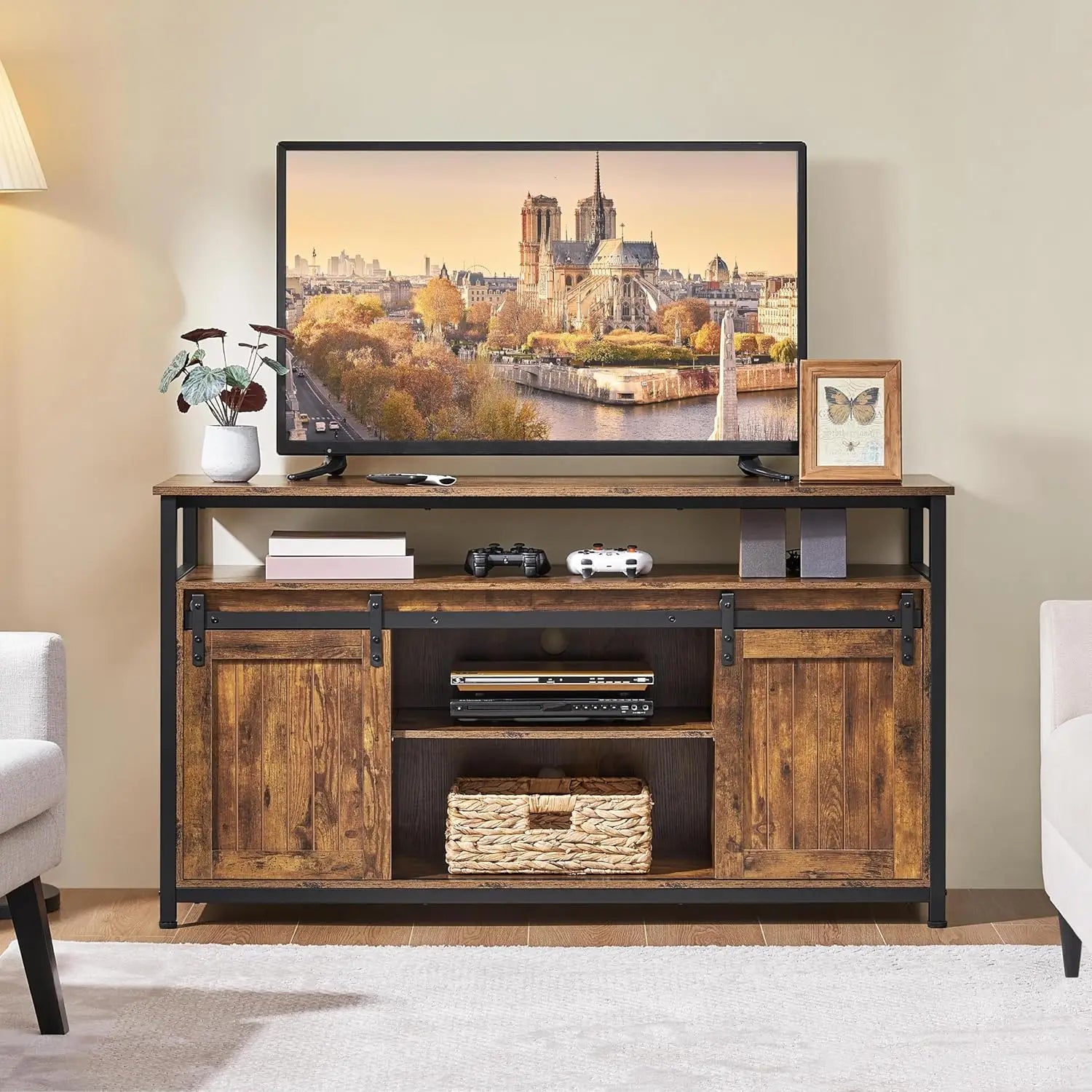 TV Stand for 65 Inch TV, Farmhouse Entertainment Center with Storage, Wood Tall TV Stands for Living Room with, Customized