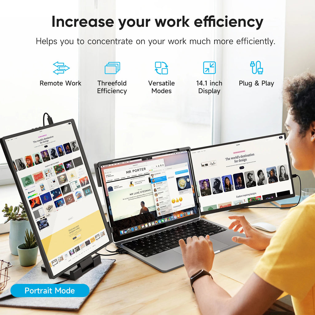 Dopesplay 14.1 inch Triple Dual Screen Extender FHD 1200P IPS Portable Monitor Plug & Play For Laptop Mac PC Travel Up to 17"'