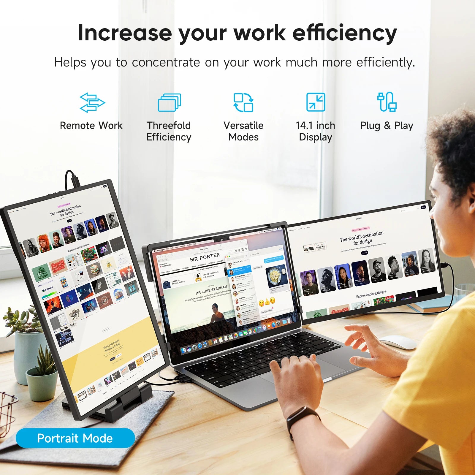 Dopesplay 14.1 inch Triple Dual Screen Extender FHD 1200P IPS Portable Monitor Plug & Play For Laptop Mac PC Travel Up to 17"'