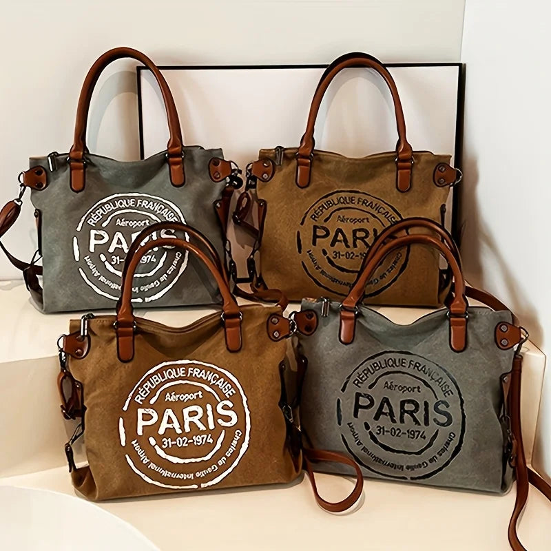 2-piece Set Vintage Street-style Canvas Tote Bag, Coin Purse, Vintage Letter-printed Crossbody Bag. Unisex – Large-capacity