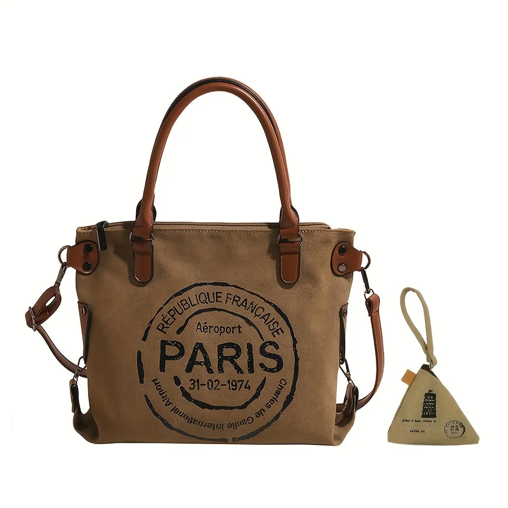 2-piece Set Vintage Street-style Canvas Tote Bag, Coin Purse, Vintage Letter-printed Crossbody Bag. Unisex – Large-capacity