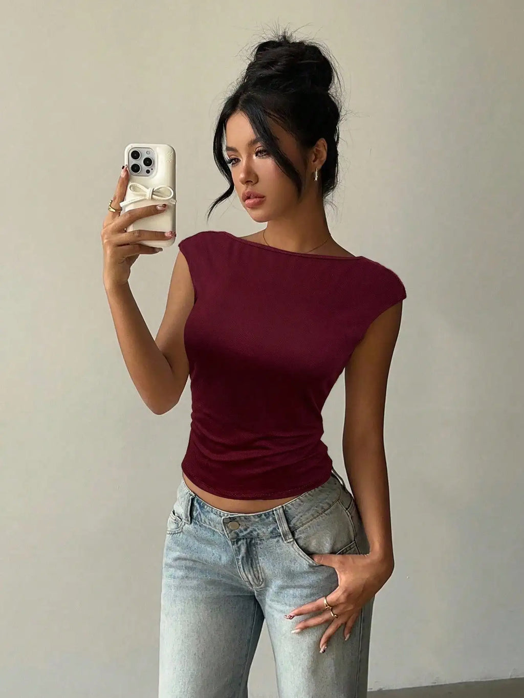 Burgundy Lace Backless Short Sleeve Crop Top for Women