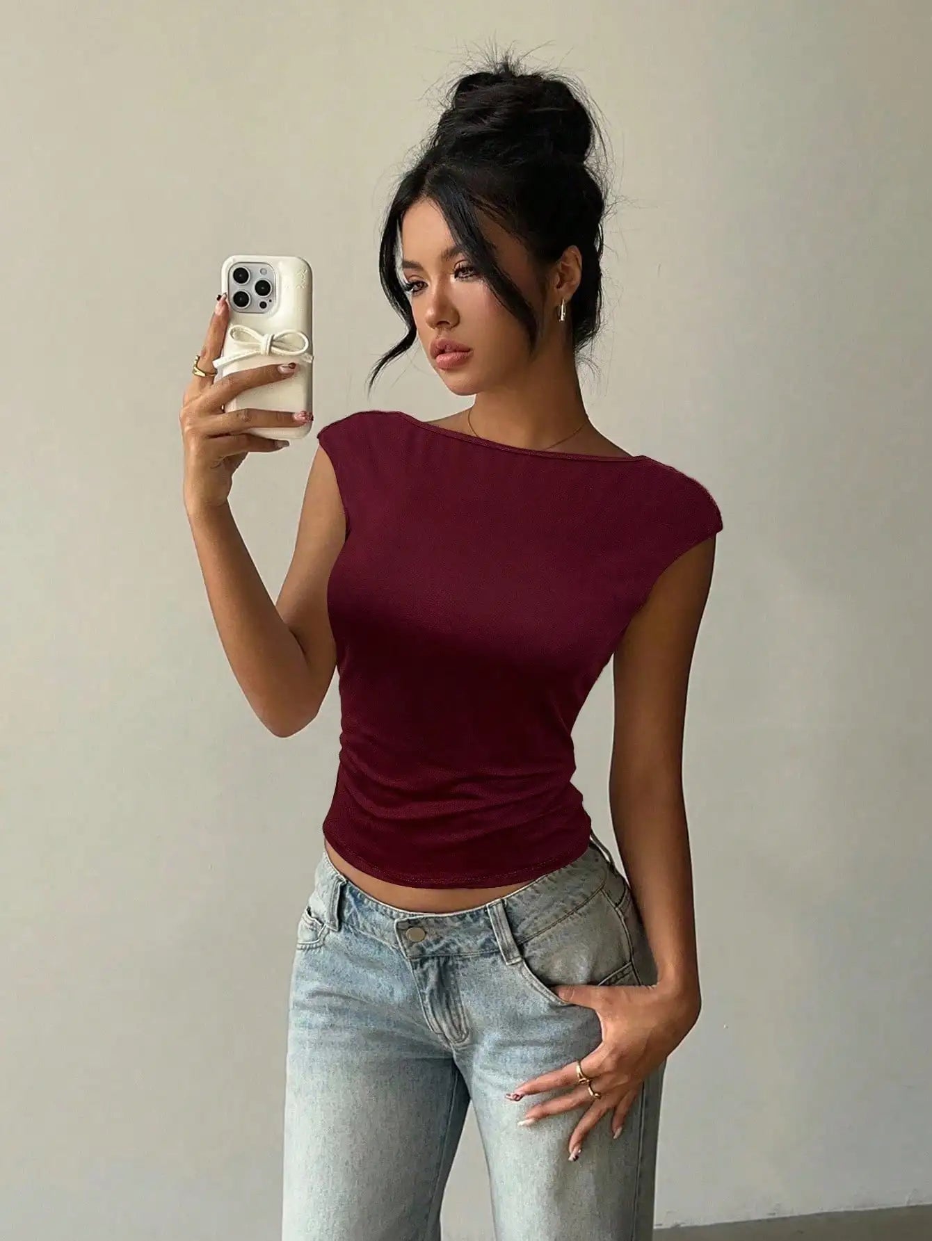 Burgundy Lace Backless Short Sleeve Crop Top for Women