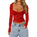 Women Crop Floral Lace Tops Long Sleeve Shirt Casual Pullovers for Club Streetwear Aesthetic Grunge Clothes