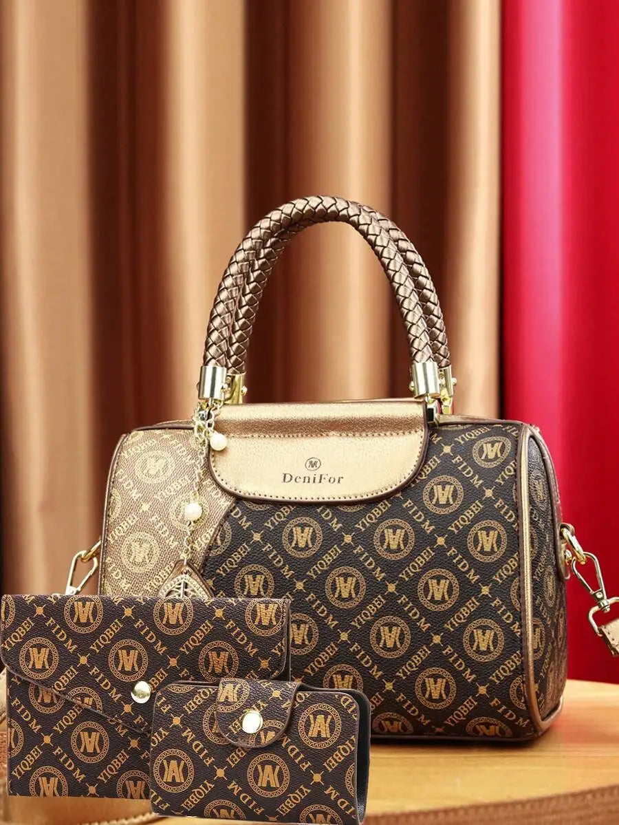 3-Piece Women's Monogram Print Handbag Set with Top Handle and Crossbody Strap