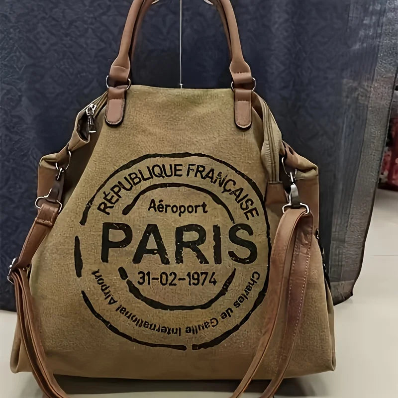 2-piece Set Vintage Street-style Canvas Tote Bag, Coin Purse, Vintage Letter-printed Crossbody Bag. Unisex – Large-capacity