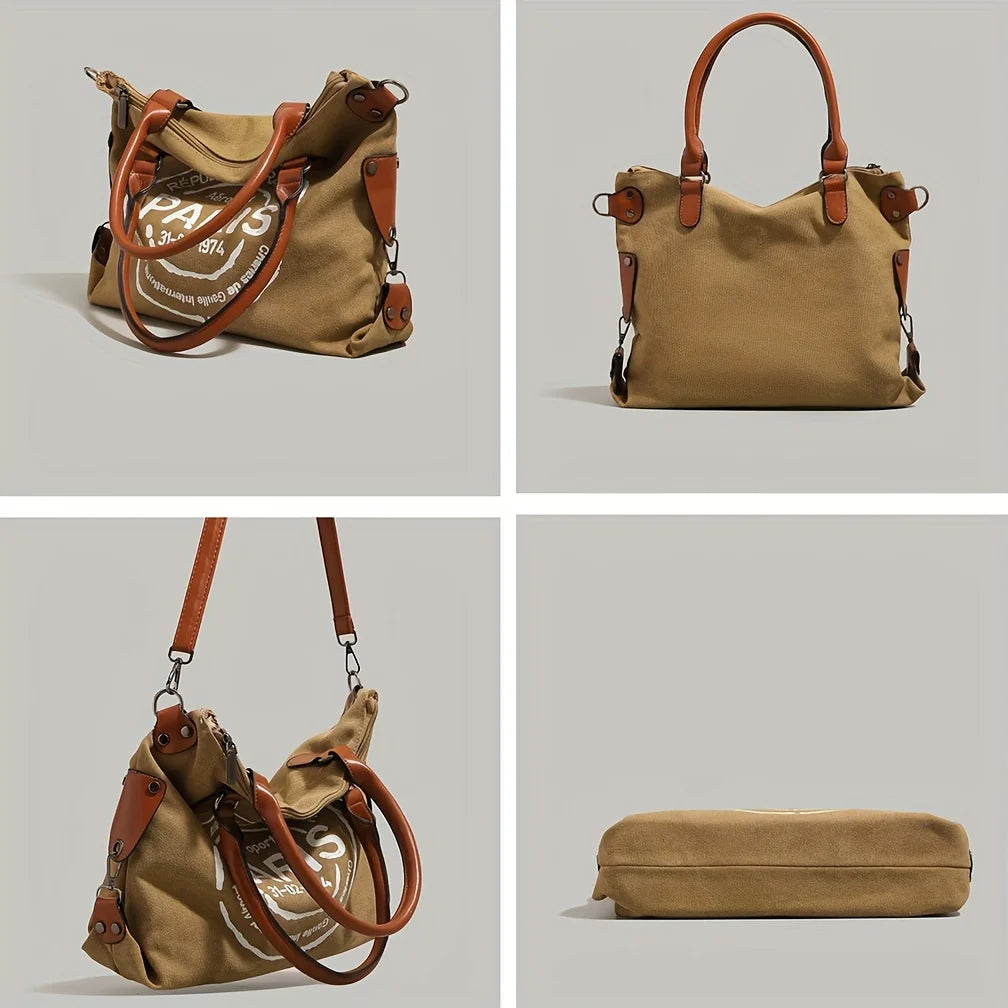 2-piece Set Vintage Street-style Canvas Tote Bag, Coin Purse, Vintage Letter-printed Crossbody Bag. Unisex – Large-capacity