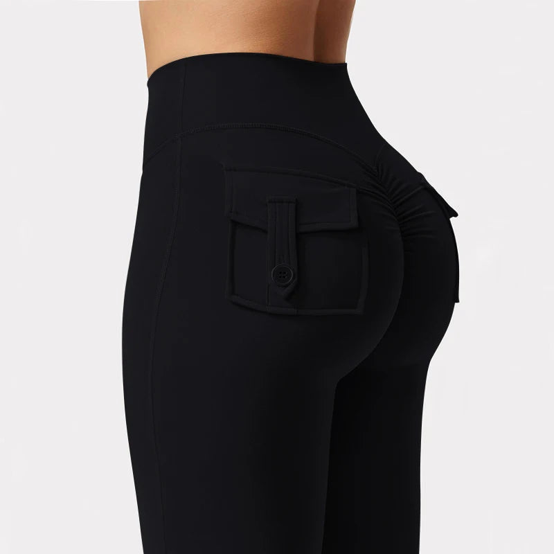 Summer Women's Cargo Pocket Fitness Tights - High-Waisted Stretch Butt Lift Yoga Running Pants