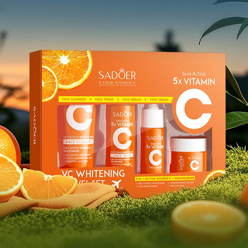 Vitamin C Whitening Skin Care Set 4pcs Facial Cleanser Toner Serum Face Cream Brightening Anti Wrinkle Moisturizing Travel Kit