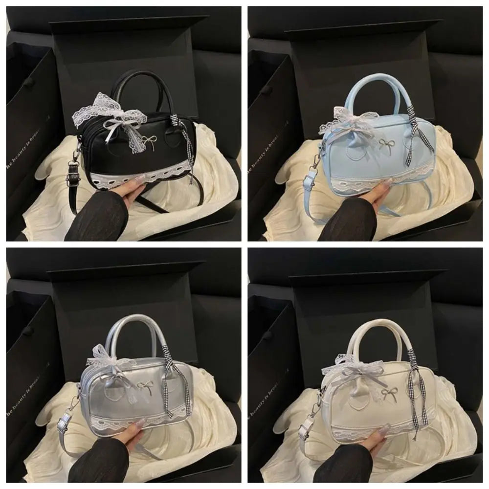 Zipper PU Leather Boston Handbag Lace Ribbon Bow Crossbody Bowling Bag Korean Style Waterproof Small Square Bag Travel