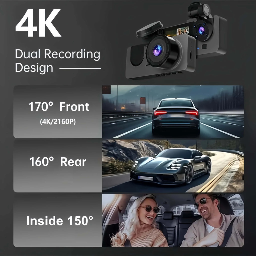 3 Channel 4K Dashcam 4K+1080P Front and Rear Dash Camera IR Night Vision 24 Hours Parking Mode Support 128GB Max